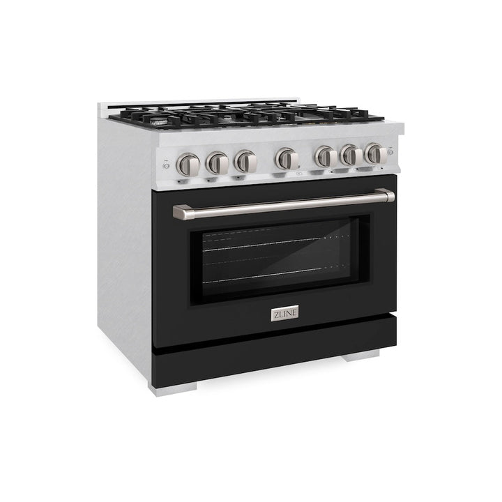 ZLINE 36 in. 5.2 cu. ft. Select Dual Fuel Range with 6 Burner Gas Cooktop and Electric Convection Oven in Satin Stainless Steel with Black Matte Door, Open Box-Excellent Condition