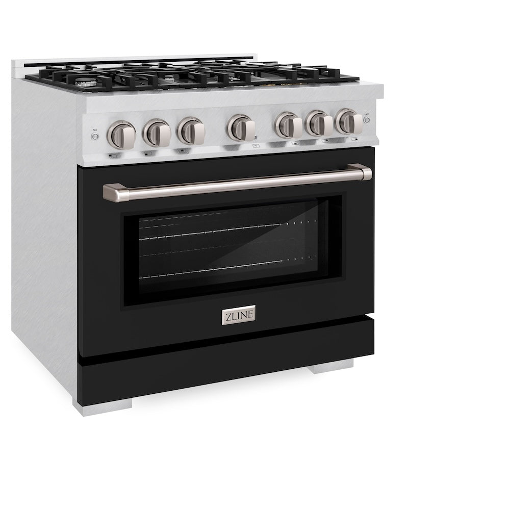 ZLINE 36 in. 5.2 cu. ft. Select Dual Fuel Range with 6 Burner Gas Cooktop and Electric Convection Oven in Satin Stainless Steel with Black Matte Door, Open Box-Excellent Condition