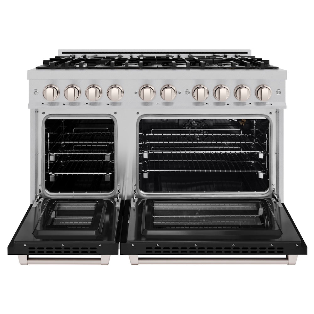 ZLINE 48 in. 6.7 cu. ft. Select Double Oven Gas Range with 8 Burner Cooktop in Satin Stainless Steel with Black Matte Doors, Open Box-Excellent Condition