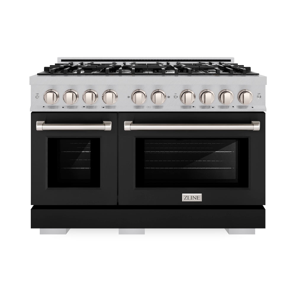 ZLINE 48 in. 6.7 cu. ft. Select Double Oven Dual Fuel Range with 8 Burner Gas Cooktop in Satin Stainless Steel with Black Matte Doors, Open Box-Excellent Condition