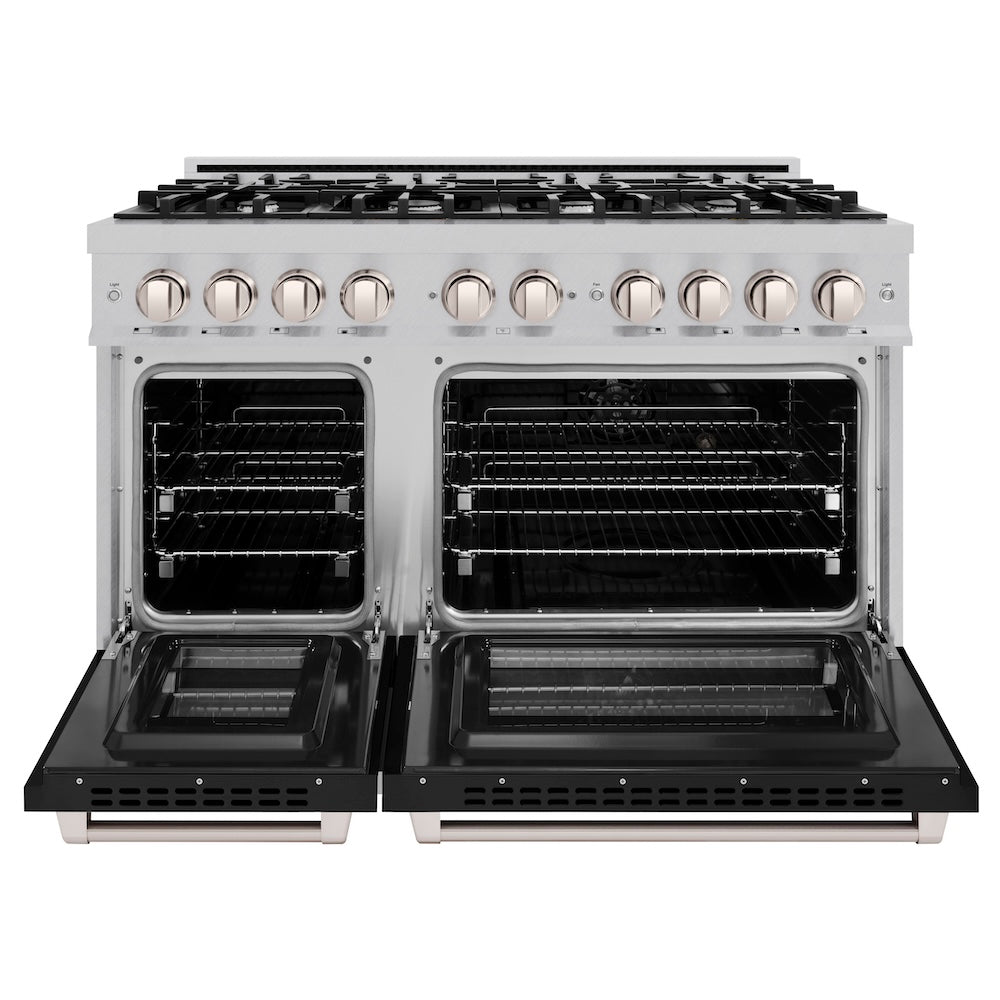 ZLINE 48 in. 6.7 cu. ft. Select Double Oven Dual Fuel Range with 8 Burner Gas Cooktop in Satin Stainless Steel with Black Matte Doors, Open Box-Excellent Condition