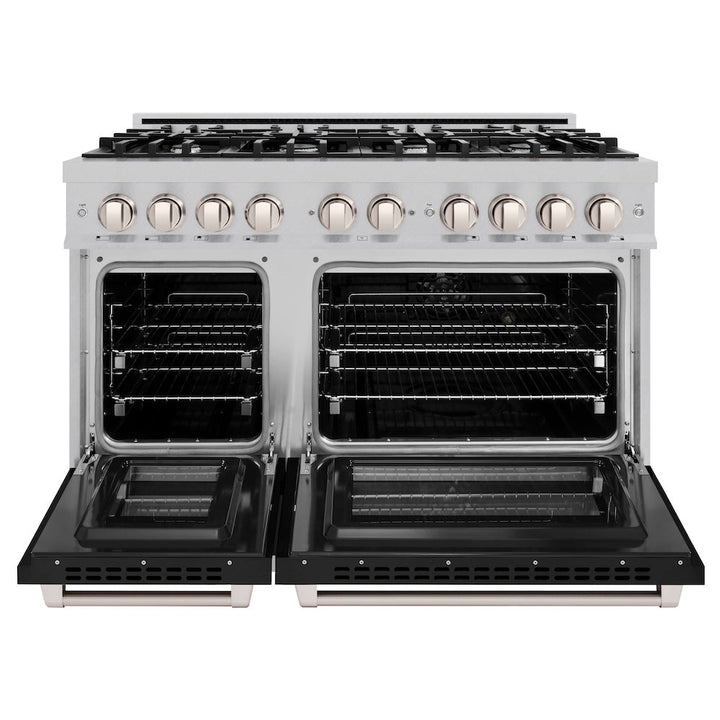 ZLINE 48 in. 6.7 cu. ft. Select Double Oven Dual Fuel Range with 8 Burner Gas Cooktop in Satin Stainless Steel with Black Matte Doors, Open Box-Excellent Condition