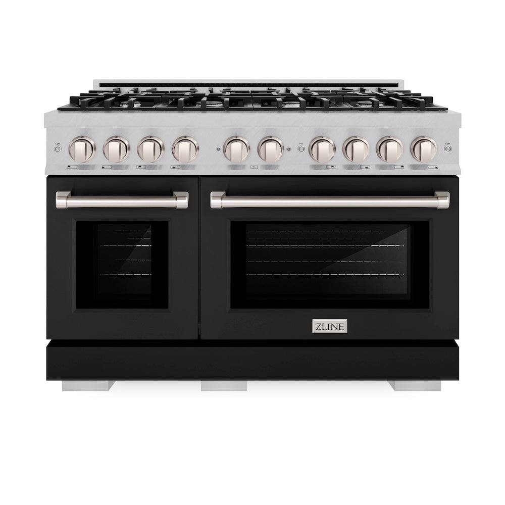 ZLINE 48 in. 6.7 cu. ft. Select Double Oven Dual Fuel Range with 8 Burner Gas Cooktop in Satin Stainless Steel with Black Matte Doors, Open Box-Excellent Condition