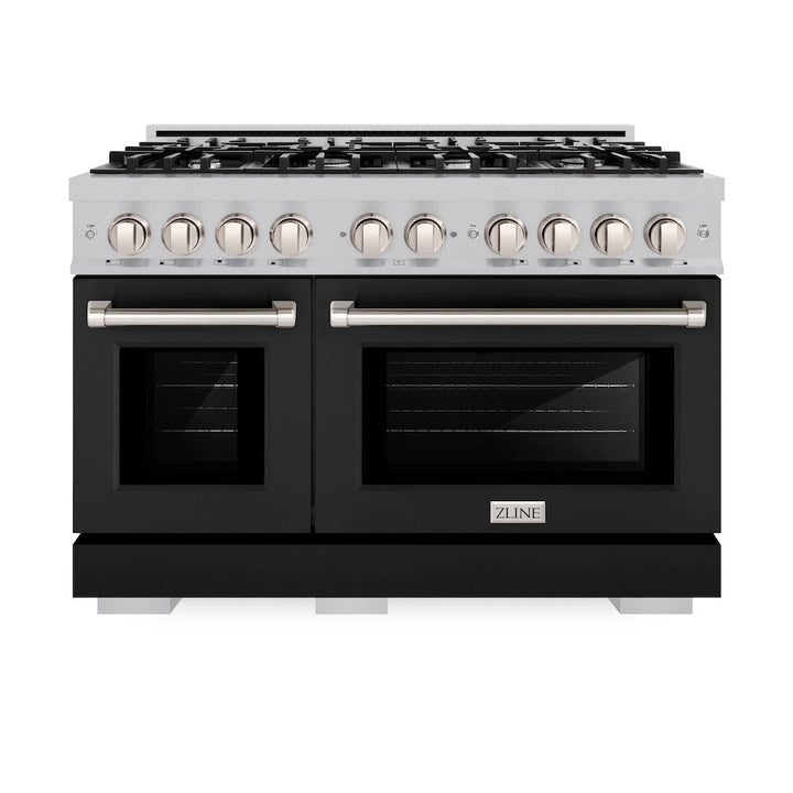 ZLINE 48 in. 6.7 cu. ft. Select Double Oven Dual Fuel Range with 8 Burner Gas Cooktop in Satin Stainless Steel with Black Matte Doors, Open Box-Excellent Condition