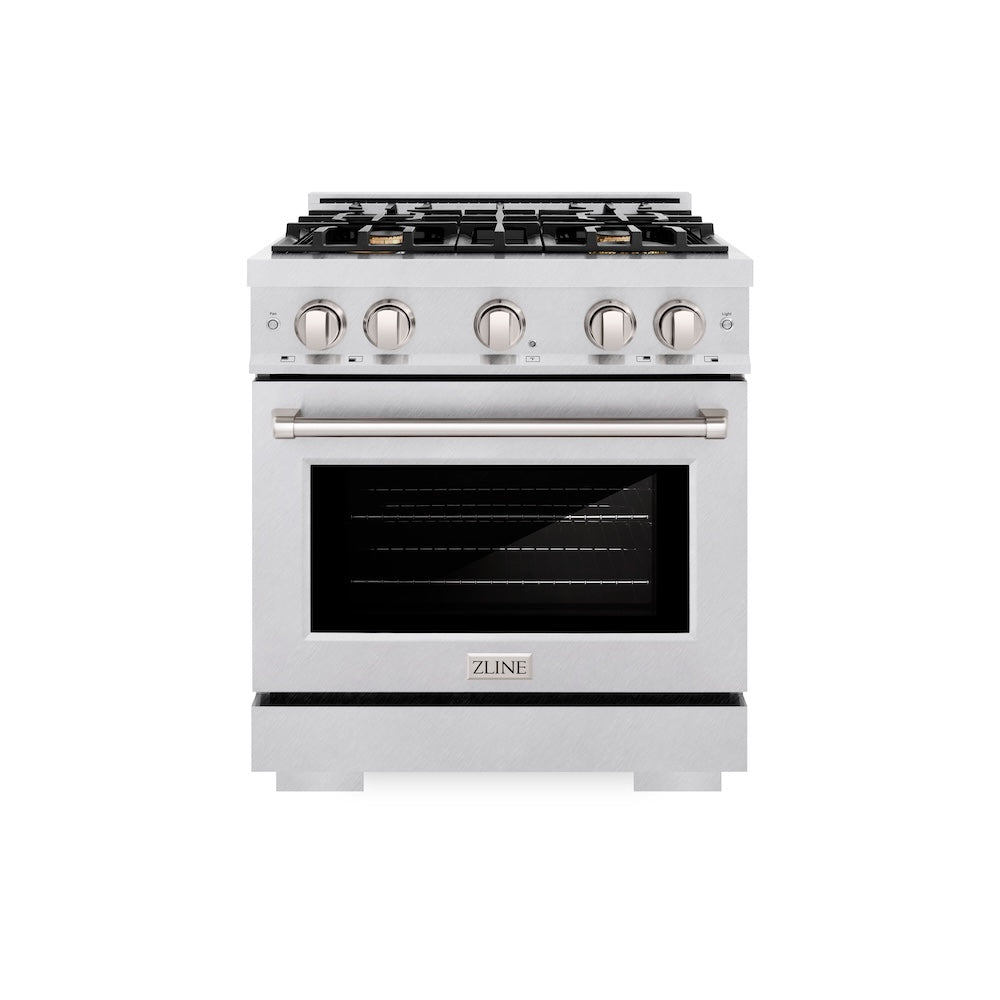 ZLINE 30 in. 4.2 cu. ft. Select Dual Fuel Range with Gas Cooktop and Electric Convection Oven in Satin Stainless Steel with 4 Brass Burners, Open Box-Excellent Condition