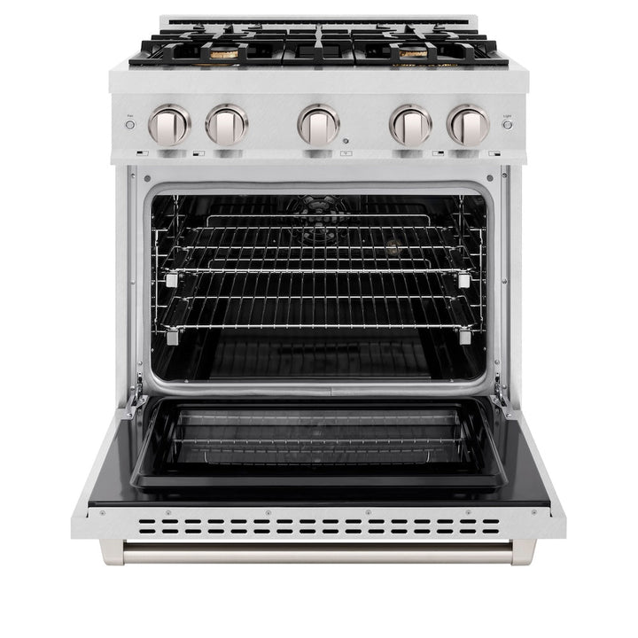 ZLINE 30 in. 4.2 cu. ft. Select Dual Fuel Range with Gas Cooktop and Electric Convection Oven in Satin Stainless Steel with 4 Brass Burners, Open Box-Excellent Condition