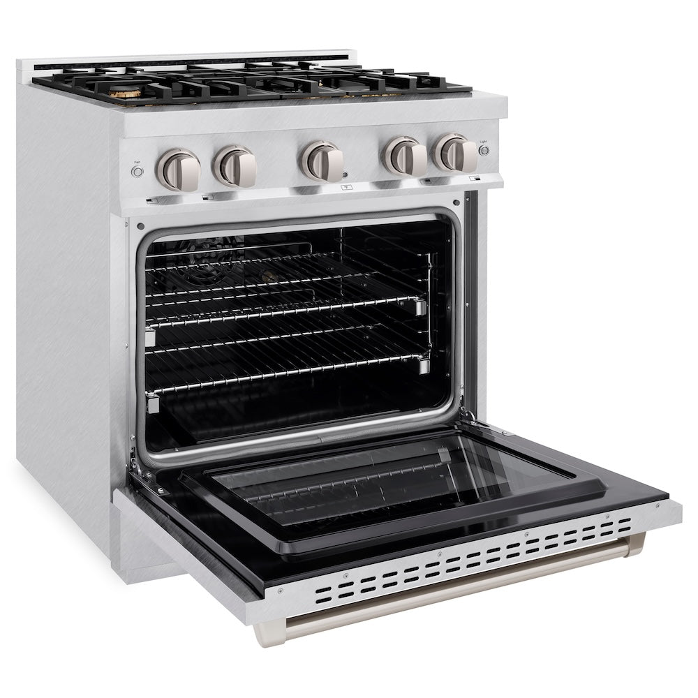 ZLINE 30 in. 4.2 cu. ft. Select Dual Fuel Range with Gas Cooktop and Electric Convection Oven in Satin Stainless Steel with 4 Brass Burners, Open Box-Excellent Condition