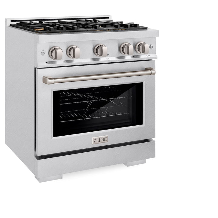 ZLINE 30 in. 4.2 cu. ft. Select Dual Fuel Range with Gas Cooktop and Electric Convection Oven in Satin Stainless Steel with 4 Brass Burners, Open Box-Excellent Condition