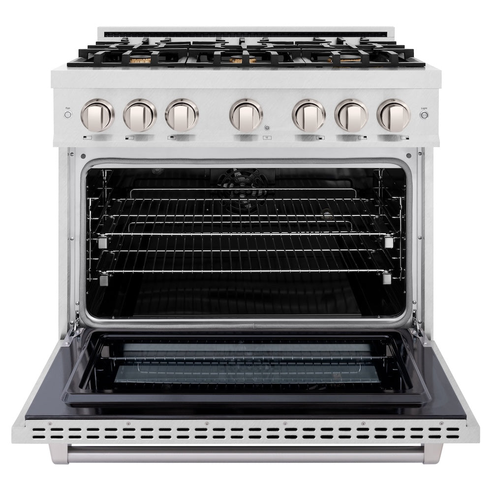ZLINE 36 in. 5.2 cu. ft. Select Dual Fuel Range with Gas Cooktop and Electric Convection Oven in Satin Stainless Steel with 6 Brass Burners, Open Box-Excellent Condition