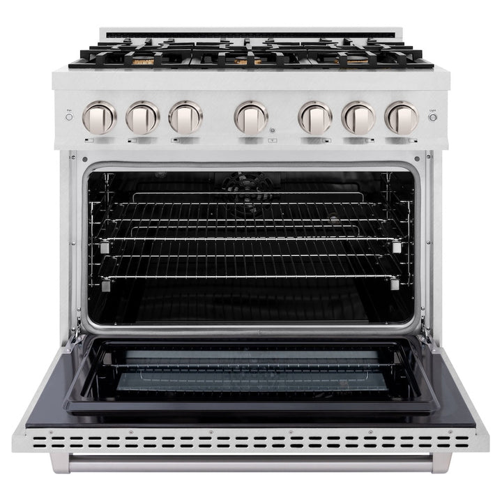 ZLINE 36 in. 5.2 cu. ft. Select Dual Fuel Range with Gas Cooktop and Electric Convection Oven in Satin Stainless Steel with 6 Brass Burners, Open Box-Excellent Condition