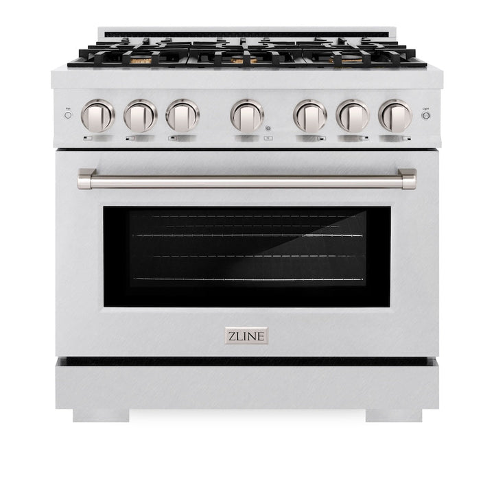 ZLINE 36 in. 5.2 cu. ft. Select Dual Fuel Range with Gas Cooktop and Electric Convection Oven in Satin Stainless Steel with 6 Brass Burners, Open Box-Excellent Condition