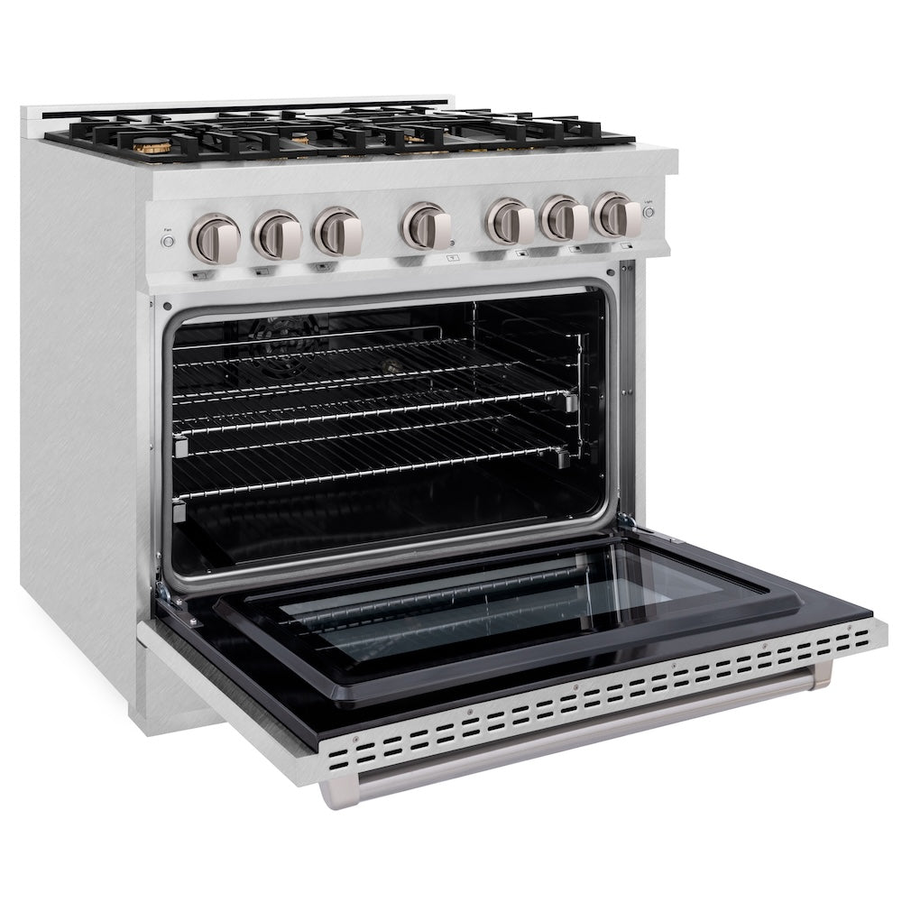 ZLINE 36 in. 5.2 cu. ft. Select Dual Fuel Range with Gas Cooktop and Electric Convection Oven in Satin Stainless Steel with 6 Brass Burners, Open Box-Excellent Condition