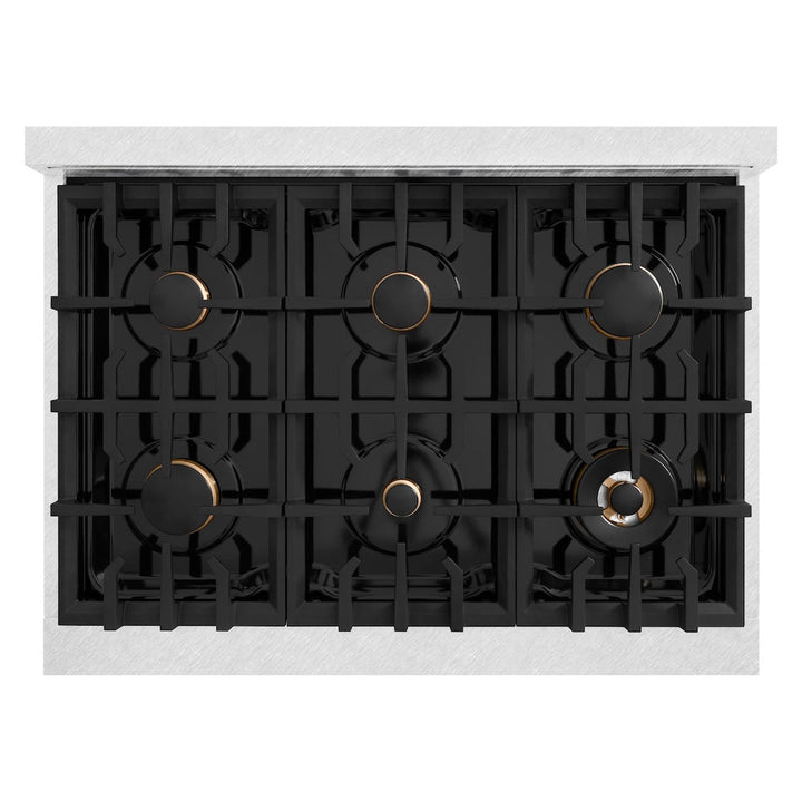 ZLINE 36 in. 5.2 cu. ft. Select Dual Fuel Range with Gas Cooktop and Electric Convection Oven in Satin Stainless Steel with 6 Brass Burners, Open Box-Excellent Condition