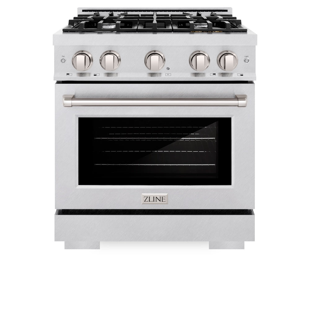 ZLINE 30 in. 4.2 cu. ft. Select Dual Fuel Range with 4 Burner Gas Cooktop and Electric Convection Oven in Satin Stainless Steel, Open Box-Excellent Condition
