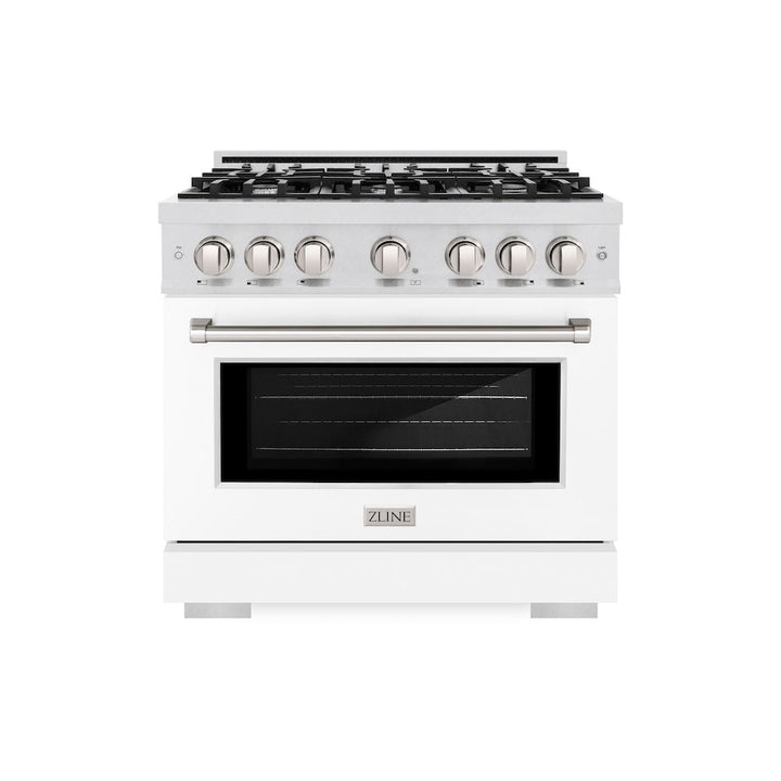 ZLINE 36 in. 5.2 cu. ft. Select Dual Fuel Range with 6 Burner Gas Cooktop and Electric Convection Oven in Satin Stainless Steel with White Matte Door, Open Box-Excellent Condition