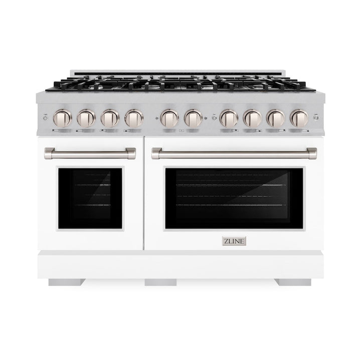 ZLINE 48 in. 6.7 cu. ft. Select Double Oven Dual Fuel Range with 8 Burner Gas Cooktop in Satin Stainless Steel with White Matte Doors, Open Box-Excellent Condition