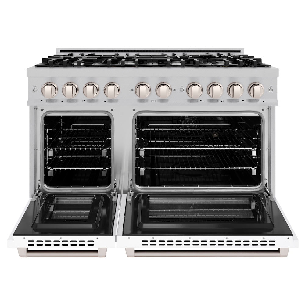 ZLINE 48 in. 6.7 cu. ft. Select Double Oven Dual Fuel Range with 8 Burner Gas Cooktop in Satin Stainless Steel with White Matte Doors, Open Box-Excellent Condition