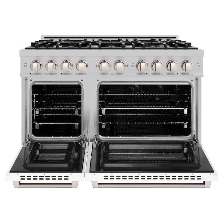 ZLINE 48 in. 6.7 cu. ft. Select Double Oven Dual Fuel Range with 8 Burner Gas Cooktop in Satin Stainless Steel with White Matte Doors, Open Box-Excellent Condition
