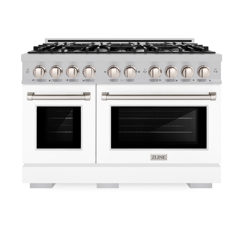 ZLINE 48 in. 6.7 cu. ft. Select Double Oven Dual Fuel Range with 8 Burner Gas Cooktop in Satin Stainless Steel with White Matte Doors, Open Box-Excellent Condition