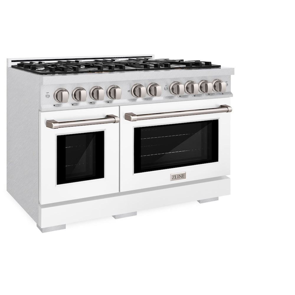 ZLINE 48 in. 6.7 cu. ft. Select Double Oven Dual Fuel Range with 8 Burner Gas Cooktop in Satin Stainless Steel with White Matte Doors, Open Box-Excellent Condition