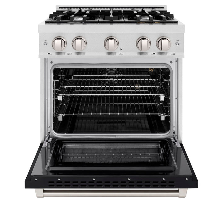 ZLINE 30 in. 4.2 cu. ft. Select Gas Range with 4 Burner Cooktop and Convection Gas Oven in Satin Stainless Steel with Black Matte Door, Open Box-Excellent Condition