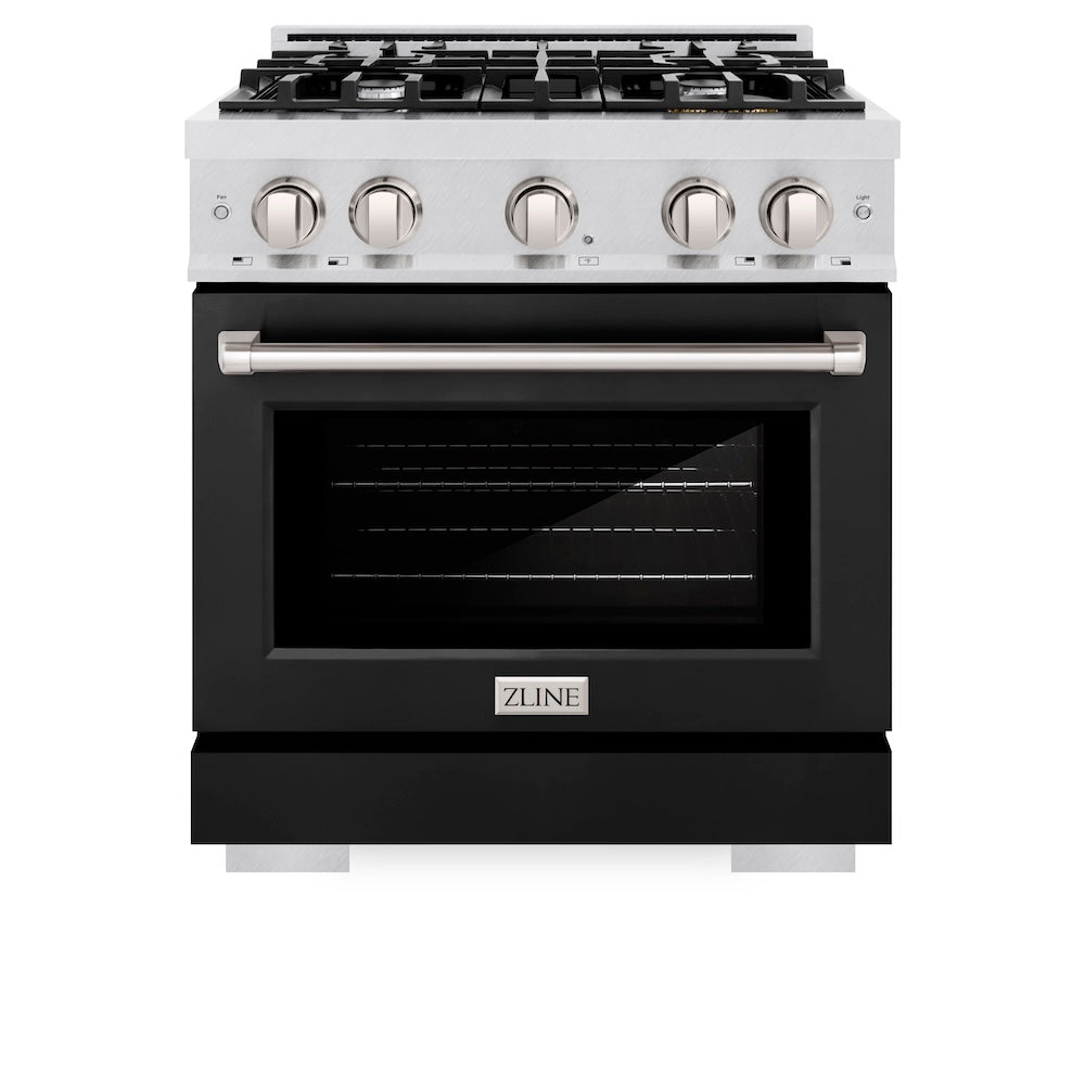 ZLINE 30 in. 4.2 cu. ft. Select Gas Range with 4 Burner Cooktop and Convection Gas Oven in Satin Stainless Steel with Black Matte Door, Open Box-Excellent Condition