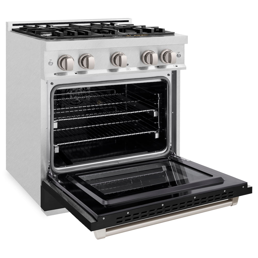 ZLINE 30 in. 4.2 cu. ft. Select Gas Range with 4 Burner Cooktop and Convection Gas Oven in Satin Stainless Steel with Black Matte Door, Open Box-Excellent Condition