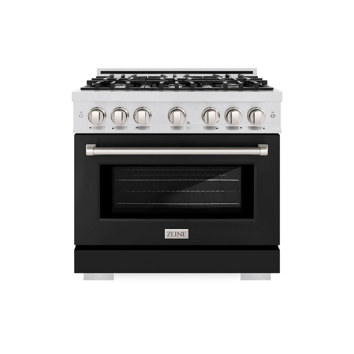 ZLINE 36 in. 5.2 cu. ft. Select Gas Range with 6 Burner Cooktop and Convection Gas Oven in Satin Stainless Steel with Black Matte Door, Open Box-Excellent Condition