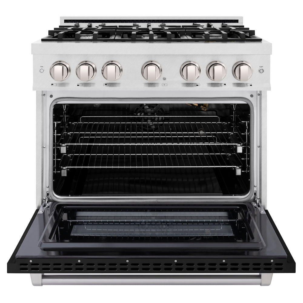 ZLINE 36 in. 5.2 cu. ft. Select Gas Range with 6 Burner Cooktop and Convection Gas Oven in Satin Stainless Steel with Black Matte Door, Open Box-Excellent Condition