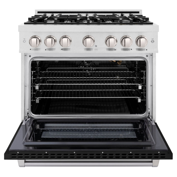 ZLINE 36 in. 5.2 cu. ft. Select Gas Range with 6 Burner Cooktop and Convection Gas Oven in Satin Stainless Steel with Black Matte Door, Open Box-Excellent Condition