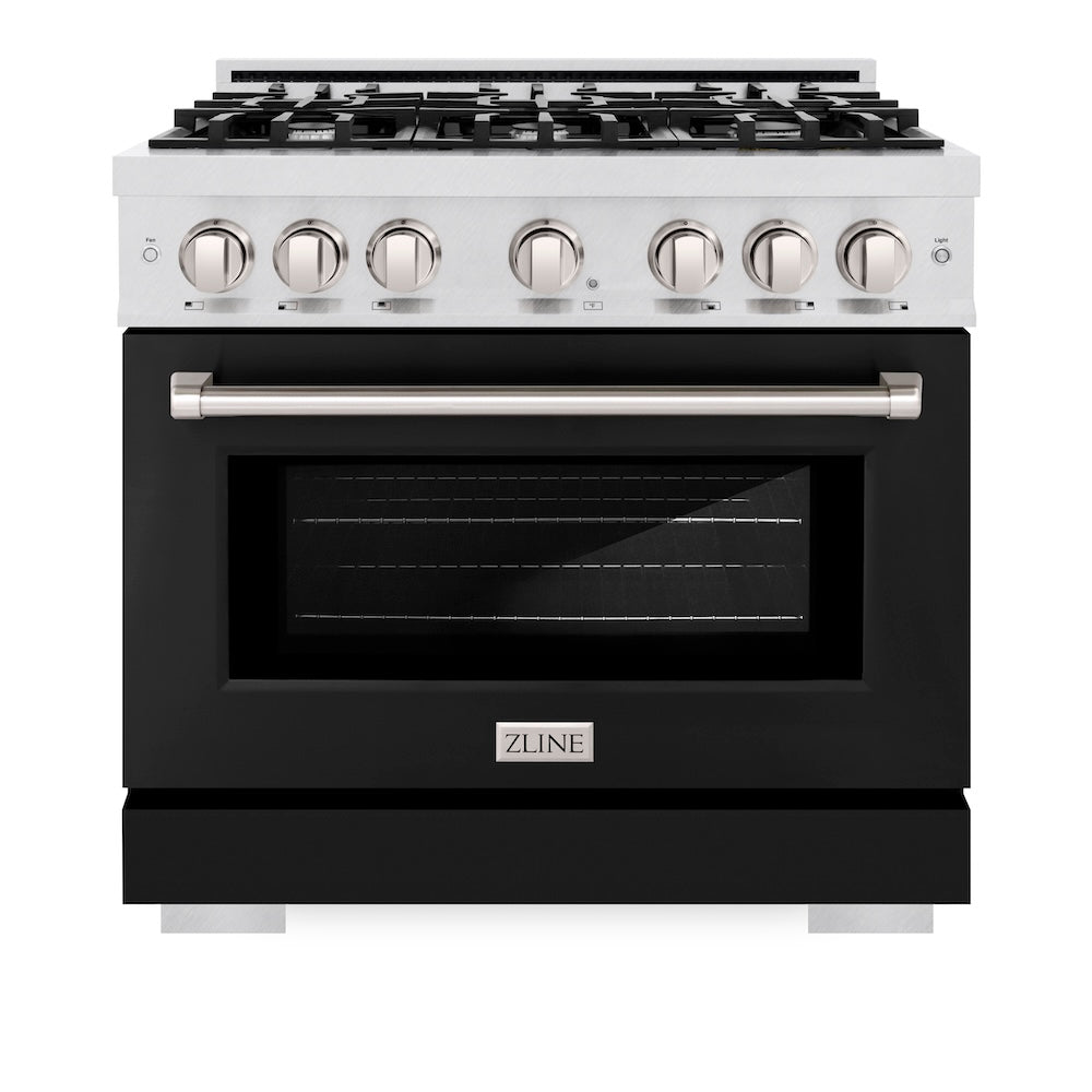 ZLINE 36 in. 5.2 cu. ft. Select Gas Range with 6 Burner Cooktop and Convection Gas Oven in Satin Stainless Steel with Black Matte Door, Open Box-Excellent Condition