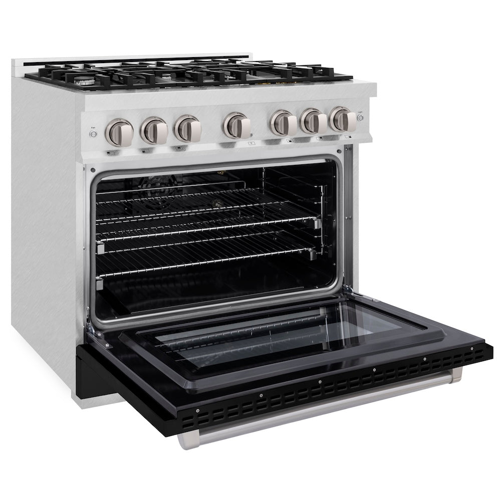 ZLINE 36 in. 5.2 cu. ft. Select Gas Range with 6 Burner Cooktop and Convection Gas Oven in Satin Stainless Steel with Black Matte Door, Open Box-Excellent Condition