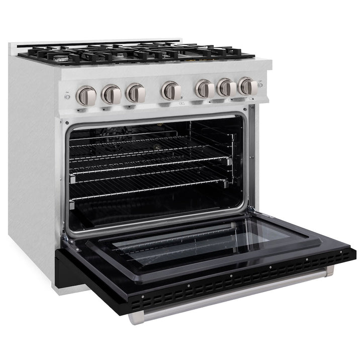 ZLINE 36 in. 5.2 cu. ft. Select Gas Range with 6 Burner Cooktop and Convection Gas Oven in Satin Stainless Steel with Black Matte Door, Open Box-Excellent Condition