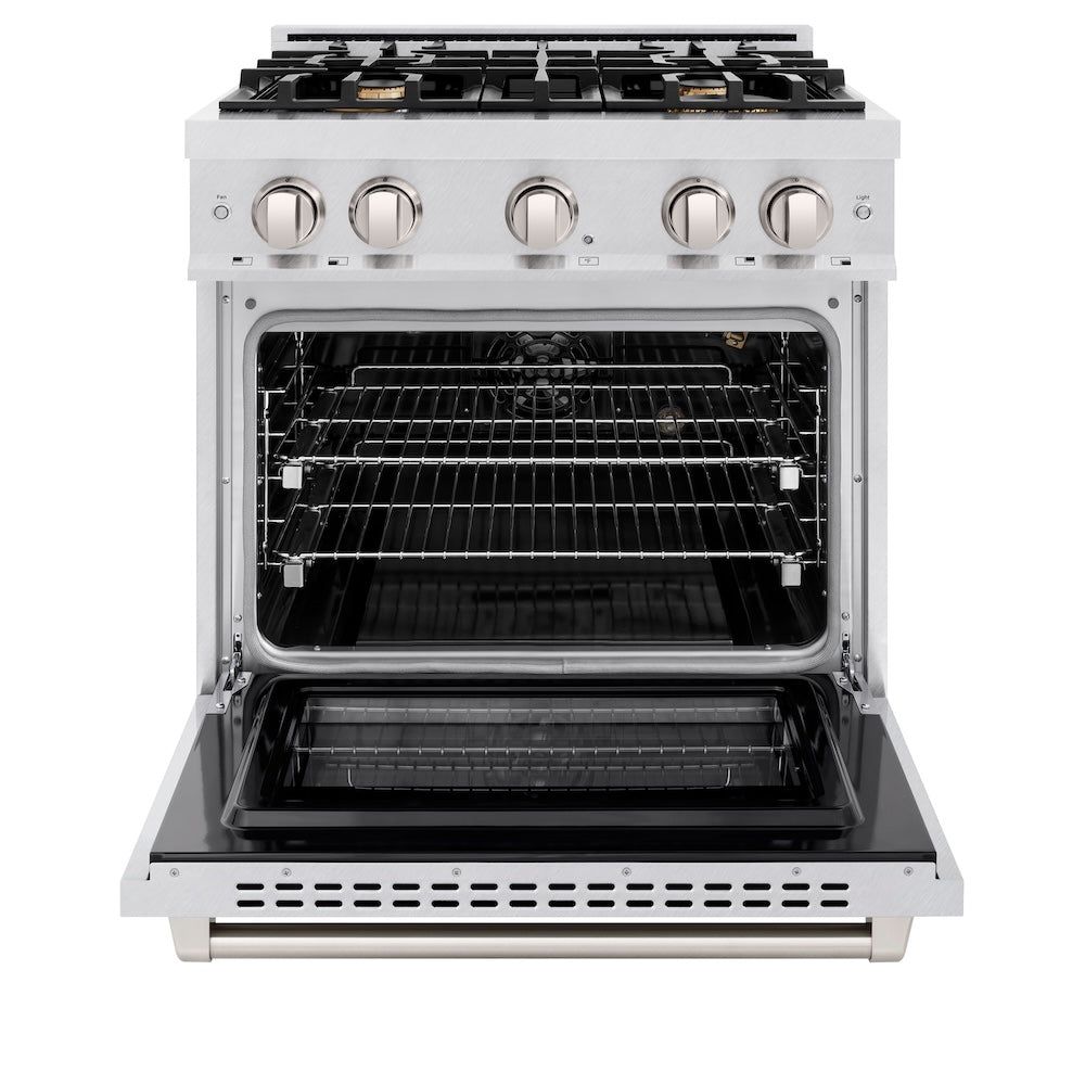 ZLINE 30 in. 4.2 cu. ft. Select Gas Range with Convection Gas Oven in Satin Stainless Steel with 4 Brass Burners, Open Box-Excellent Condition