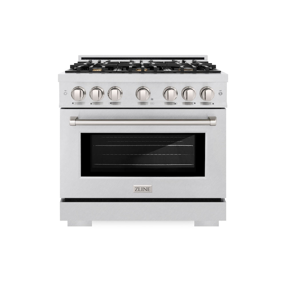 ZLINE 36 in. 5.2 cu. ft. Select Gas Range with Convection Gas Oven in Satin Stainless Steel with 6 Brass Burners, Open Box-Excellent Condition
