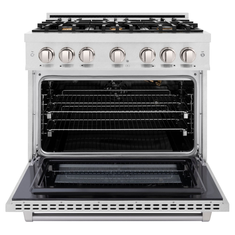 ZLINE 36 in. 5.2 cu. ft. Select Gas Range with Convection Gas Oven in Satin Stainless Steel with 6 Brass Burners, Open Box-Excellent Condition