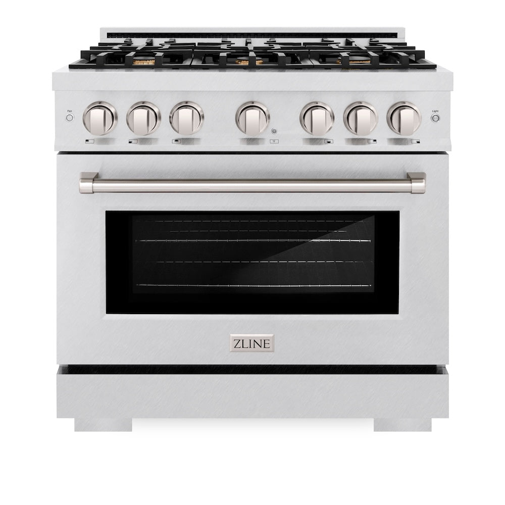 ZLINE 36 in. 5.2 cu. ft. Select Gas Range with Convection Gas Oven in Satin Stainless Steel with 6 Brass Burners, Open Box-Excellent Condition