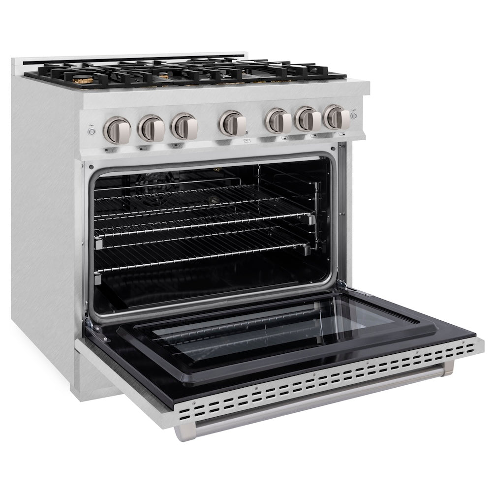 ZLINE 36 in. 5.2 cu. ft. Select Gas Range with Convection Gas Oven in Satin Stainless Steel with 6 Brass Burners, Open Box-Excellent Condition