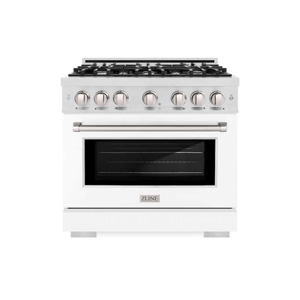 ZLINE 36 in. 5.2 cu. ft. Select Gas Range with 6 Burner Cooktop and Convection Gas Oven in Satin Stainless Steel with White Matte Door, Open Box-Excellent Condition