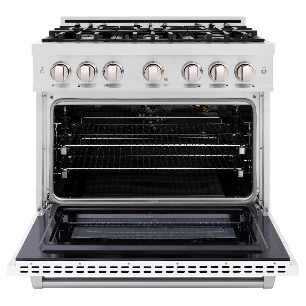 ZLINE 36 in. 5.2 cu. ft. Select Gas Range with 6 Burner Cooktop and Convection Gas Oven in Satin Stainless Steel with White Matte Door, Open Box-Excellent Condition