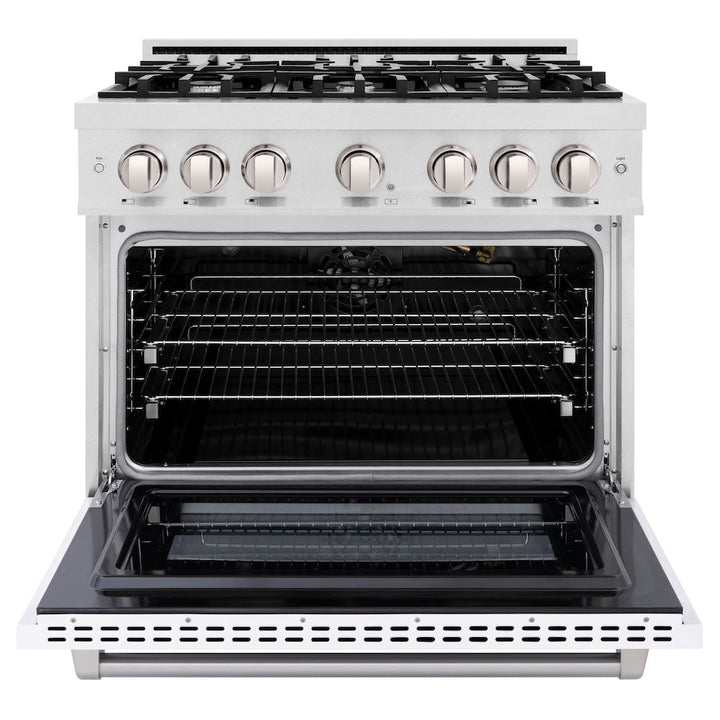 ZLINE 36 in. 5.2 cu. ft. Select Gas Range with 6 Burner Cooktop and Convection Gas Oven in Satin Stainless Steel with White Matte Door, Open Box-Excellent Condition