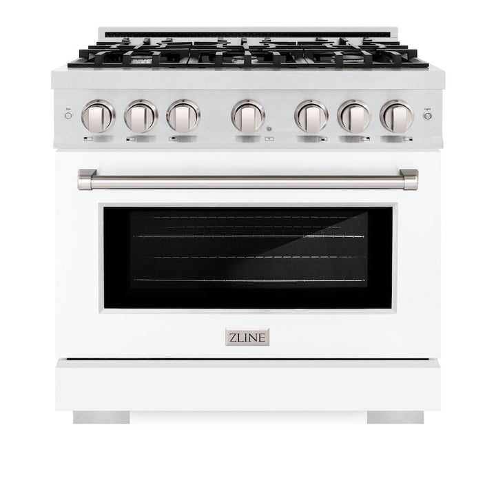 ZLINE 36 in. 5.2 cu. ft. Select Gas Range with 6 Burner Cooktop and Convection Gas Oven in Satin Stainless Steel with White Matte Door, Open Box-Excellent Condition