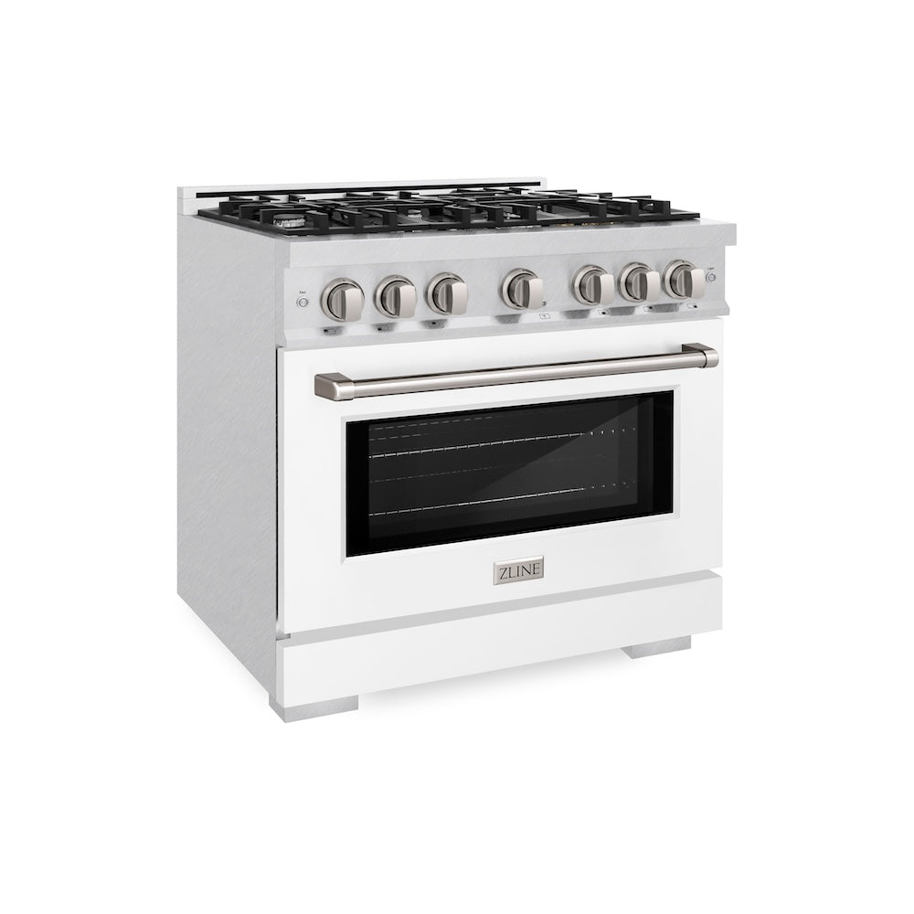 ZLINE 36 in. 5.2 cu. ft. Select Gas Range with 6 Burner Cooktop and Convection Gas Oven in Satin Stainless Steel with White Matte Door, Open Box-Excellent Condition
