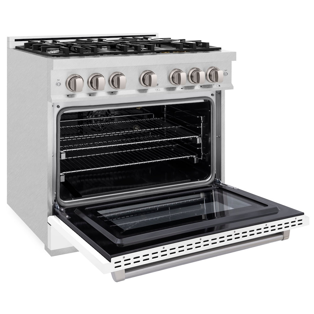 ZLINE 36 in. 5.2 cu. ft. Select Gas Range with 6 Burner Cooktop and Convection Gas Oven in Satin Stainless Steel with White Matte Door, Open Box-Excellent Condition
