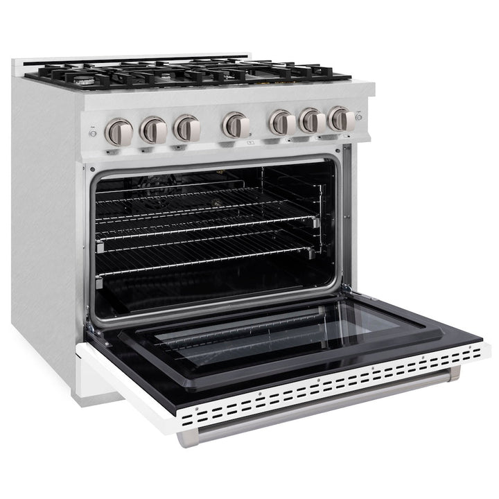 ZLINE 36 in. 5.2 cu. ft. Select Gas Range with 6 Burner Cooktop and Convection Gas Oven in Satin Stainless Steel with White Matte Door, Open Box-Excellent Condition