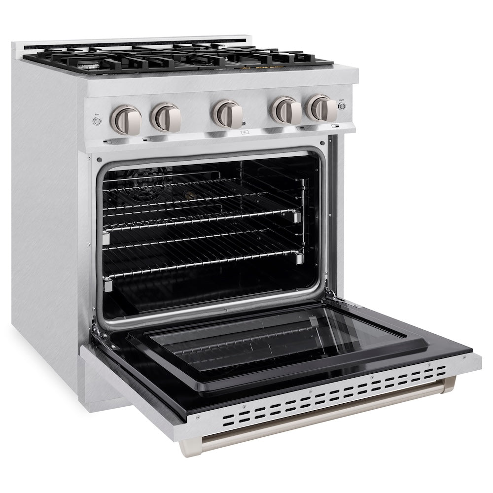 ZLINE 30 in. 4.2 cu. ft. Select Gas Range with 4 Burner Cooktop and Convection Gas Oven in Satin Stainless Steel, Open Box-Excellent Condition