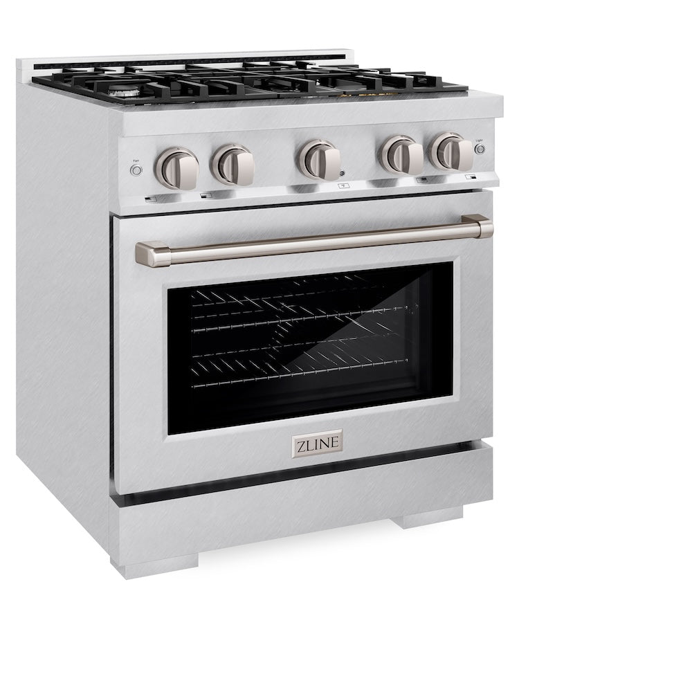 ZLINE 30 in. 4.2 cu. ft. Select Gas Range with 4 Burner Cooktop and Convection Gas Oven in Satin Stainless Steel, Open Box-Excellent Condition