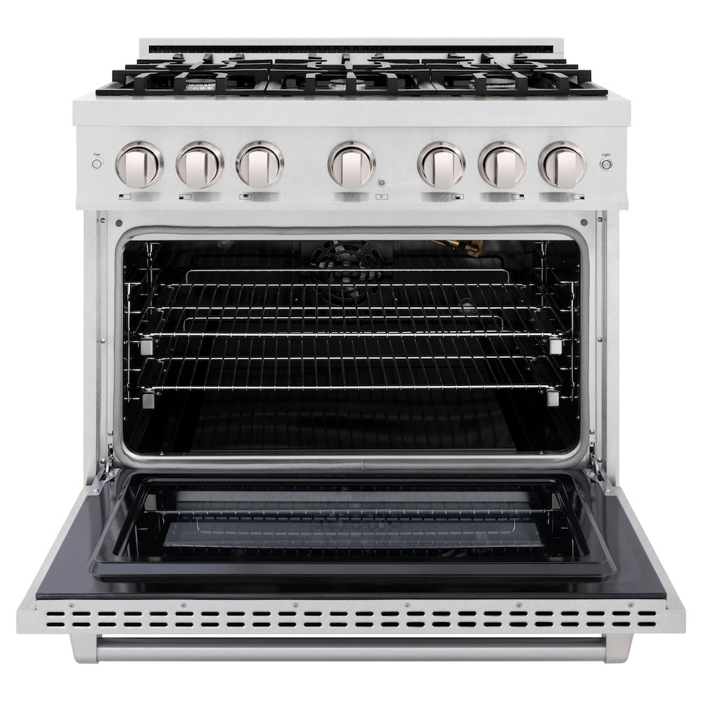 ZLINE 36 in. 5.2 cu. ft. Select Gas Range with 6 Burner Cooktop and Convection Gas Oven in Satin Stainless Steel, Open Box-Excellent Condition
