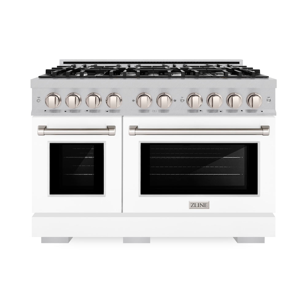 ZLINE 48 in. 6.7 cu. ft. Select Double Oven Gas Range with 8 Burner Cooktop in Satin Stainless Steel with White Matte Doors, Open Box-Excellent Condition