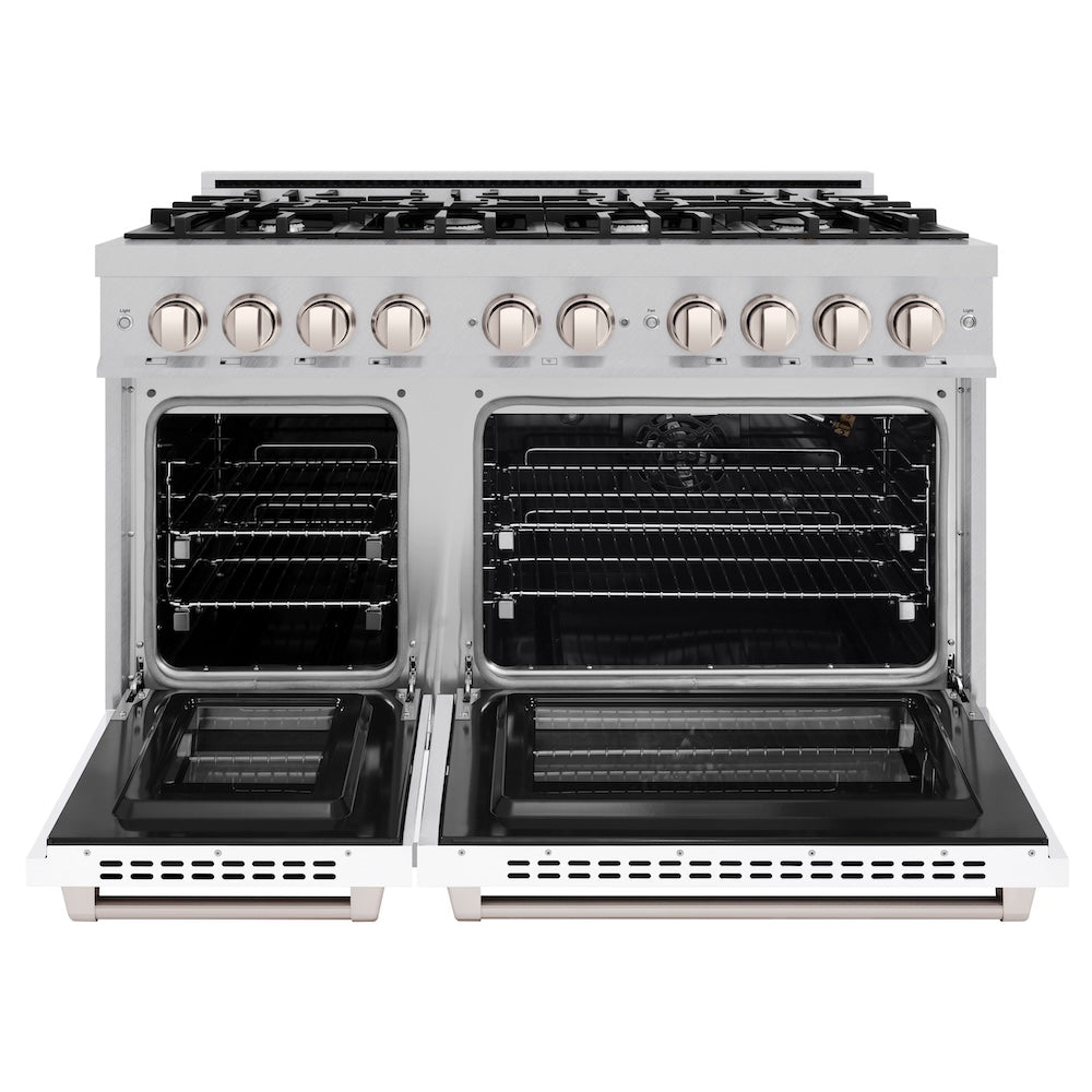 ZLINE 48 in. 6.7 cu. ft. Select Double Oven Gas Range with 8 Burner Cooktop in Satin Stainless Steel with White Matte Doors, Open Box-Excellent Condition